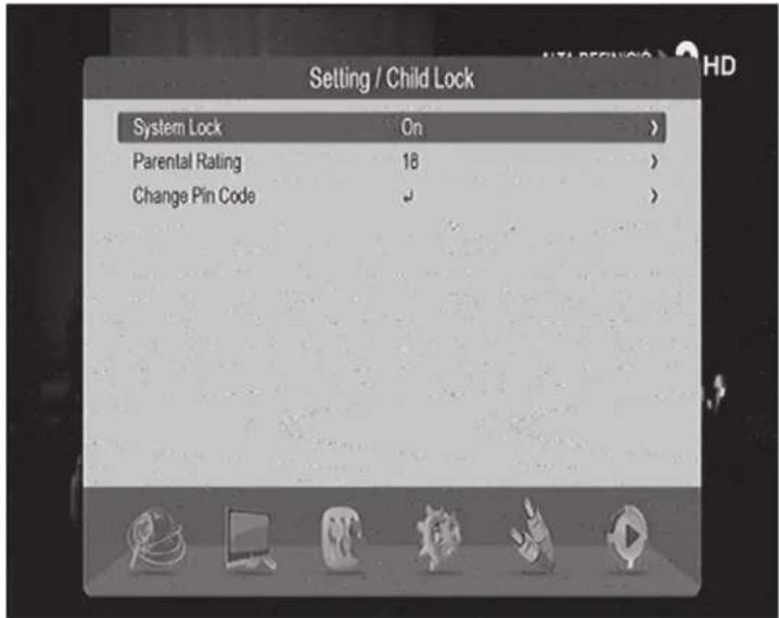 Setting / Child Lock System Lock On > Parental Rating 18 > Change Pin Code ↙ >