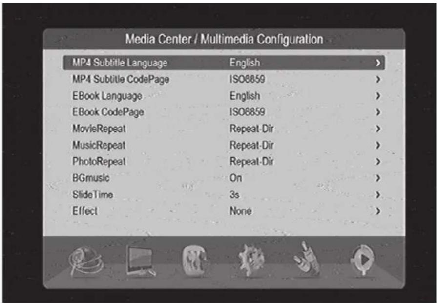 Media Center / Multimedia Configuration MP4 Subtitle Language English > MP4 Subtitle CodePage ISO8859 > EBook Language English > EBook CodePage ISO8859 > MovieRepeat Repeat-Dir > MusicRepeat Repeat-Dir > PhotoRepeat Repeat-Dir > BGmusic On > SlideTime 3s > Effect None >