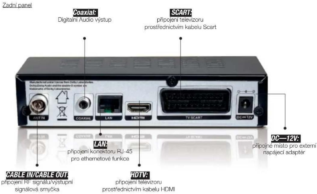 Zadní panel Coaxial: Digitalní Audio výstup SCART: připojení televizoru prostřednictvím kabelu Scart LAN: připojení konektoru RJ-45 pro ethernetové funkce HDTV: připojení televizoru prostřednictvím kabelu HDMI CABLE IN/CABLE OUT: připojení RF signálu/výstupní signálová smyčka HDTV: připojení místo pro externí napájecí adapter DC—12V: připojné místo pro externí napájecí adapter