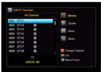 Edit TV/ Favorites All Channels 0001 DTV1 0002 DTV2 0003 DTV3 0004 DTV4 0005 DTV5 0006 DTV6 0007 DTV7 0008 DTV8 T2 490000 BM Movies Sports News Music Change Channel OK Move Focus