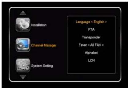 Language < English > FTA Transponder Favor < All FAV > Alphabet LCN