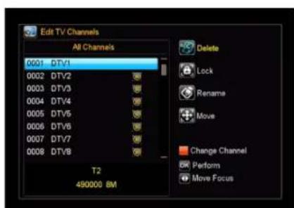 Edit TV Channels All Channels 0001 DTV1 0002 DTV2 0003 DTV3 0004 DTV4 0005 DTV5 0006 DTV6 0007 DTV7 0008 DTV8 T2 490000 8M Delete Lock Rename Move Change Channel Perform Move Focus