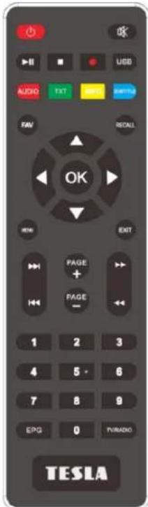 OK USB AUDIO TAT FAN RECALL OK EXIT PAGE + PAGE - 1 2 3 4 5 - 6 7 8 9 EPG 0 TV/RADIO TESLA