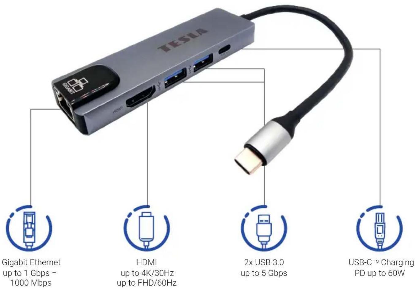 TESLA Device MP80 - multifunkční rozbočovač 5v1 s PD nabíjením a USB 3.1 Gen2 - 1