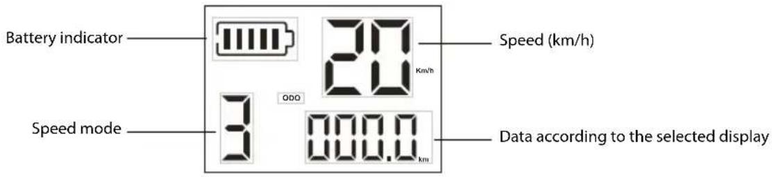 Battery indicator Speed mode 3 20 Km/h 20 QOO 000.0 km Speed (km/h) Data according to the selected display