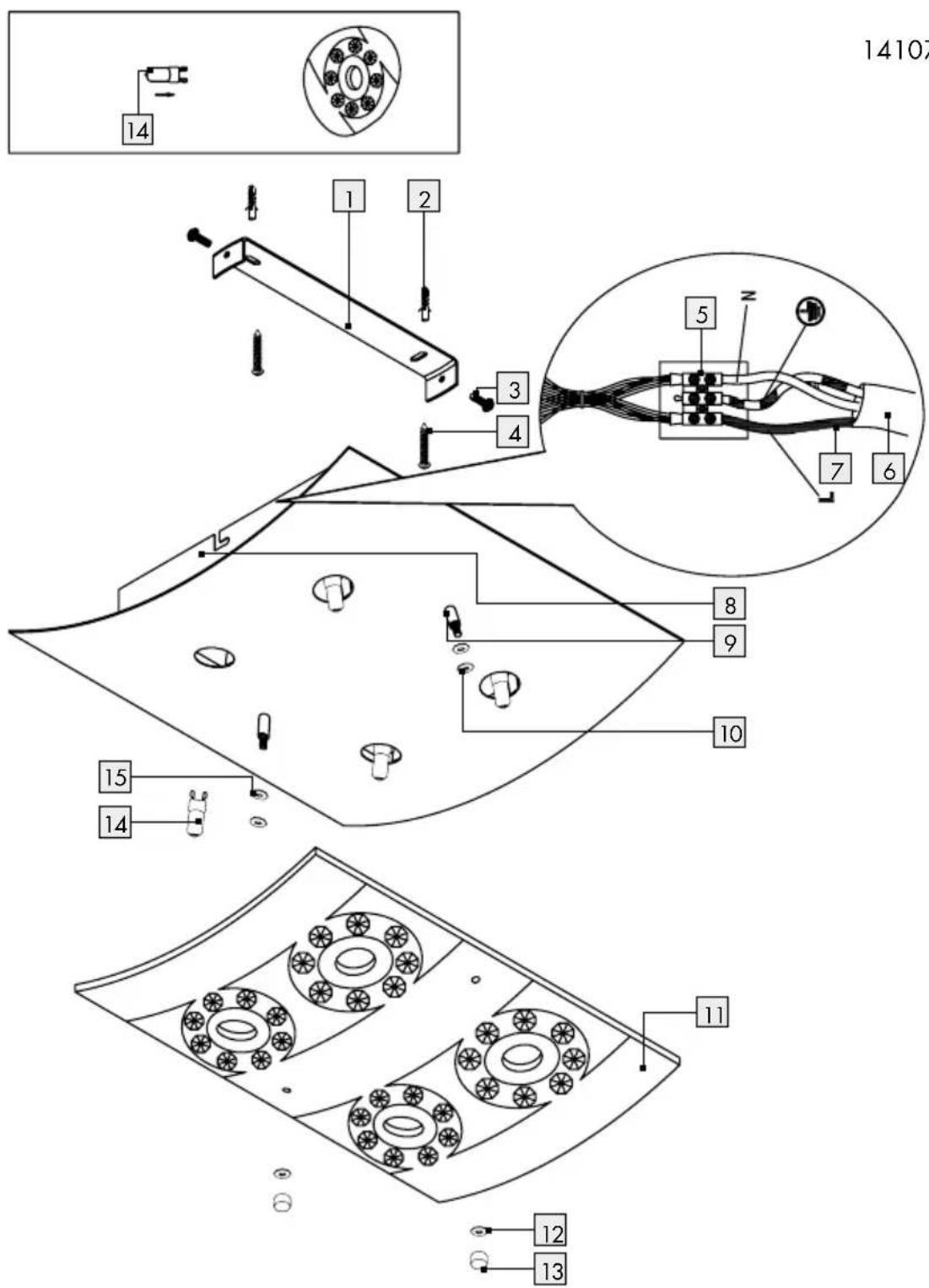 Technical diagram of a mechanical assembly with numbered components and labeled parts, including a magnified inset view.