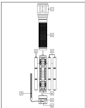 Technical diagram of a flashlight with labeled components and internal structure