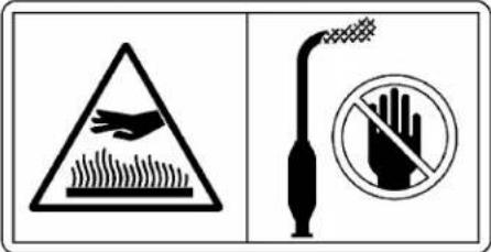 Warning sign showing a hand holding a plant with raindrops and a crossed-out hand holding a toothbrush, alongside a warning symbol.