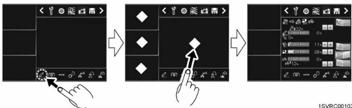 graph LR A["Start: Click Button"] --> B["Arrow to Button"] B --> C["Arrow to Display Panel"] C --> D["Next Step: Adjustment with Tools and Numbers"] D --> E["End: Display Panel with Tools and Numbers 12x, 28x, 32x, 0x, 11x, 0x"]