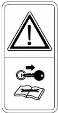 Warning sign with warning triangle, key icon, and open book symbol indicating unknown or unknown risk