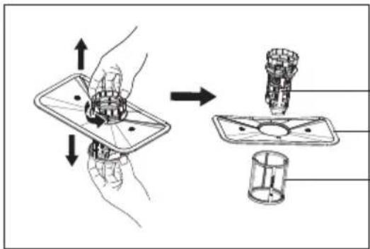 Diagram illustrating a mechanical assembly process with labeled parts and directional arrows indicating movement.