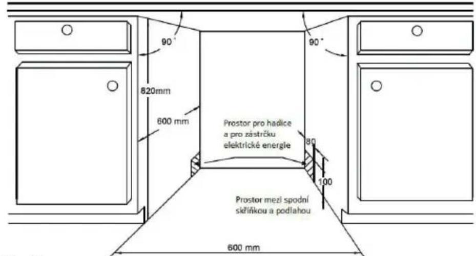 90° 820mm 600 mm Prostor pro hadice a pro zástrčku elektrické energie 80° 100 Prostor mezí spodní skřiňkou a podlahou 600 mm
