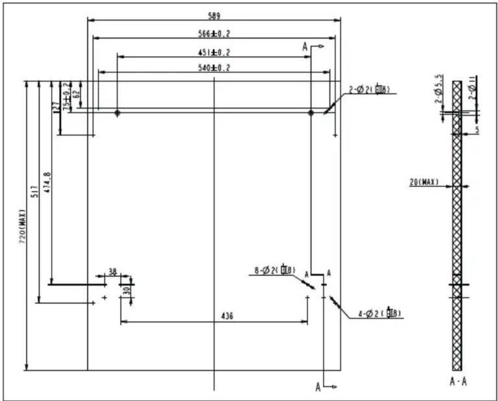 589 566±0.2 451±0.2 540±0.2 A 2-Ø2(Ø18) 2Ø5.5 2-Ø11 5 720(MAX) 517 474.8 38 30 + 436 8-Ø2(Ø18) A A 4-Ø2(Ø18) A-A 20(MAX)