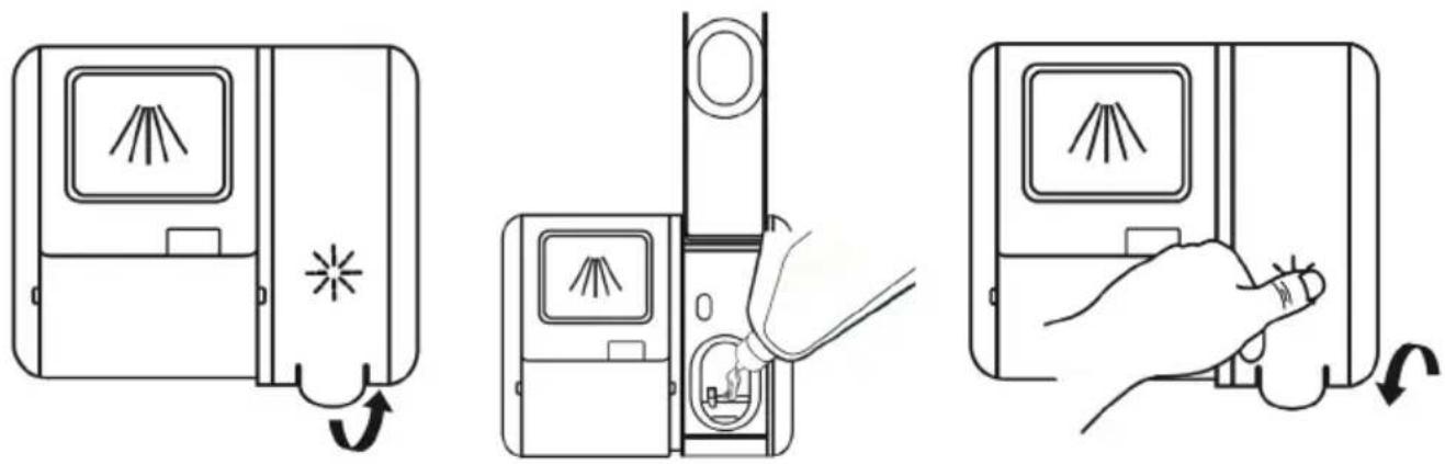 Diagram showing three steps of a device operation: opening, inserting a fan into a device, and adjusting the button.