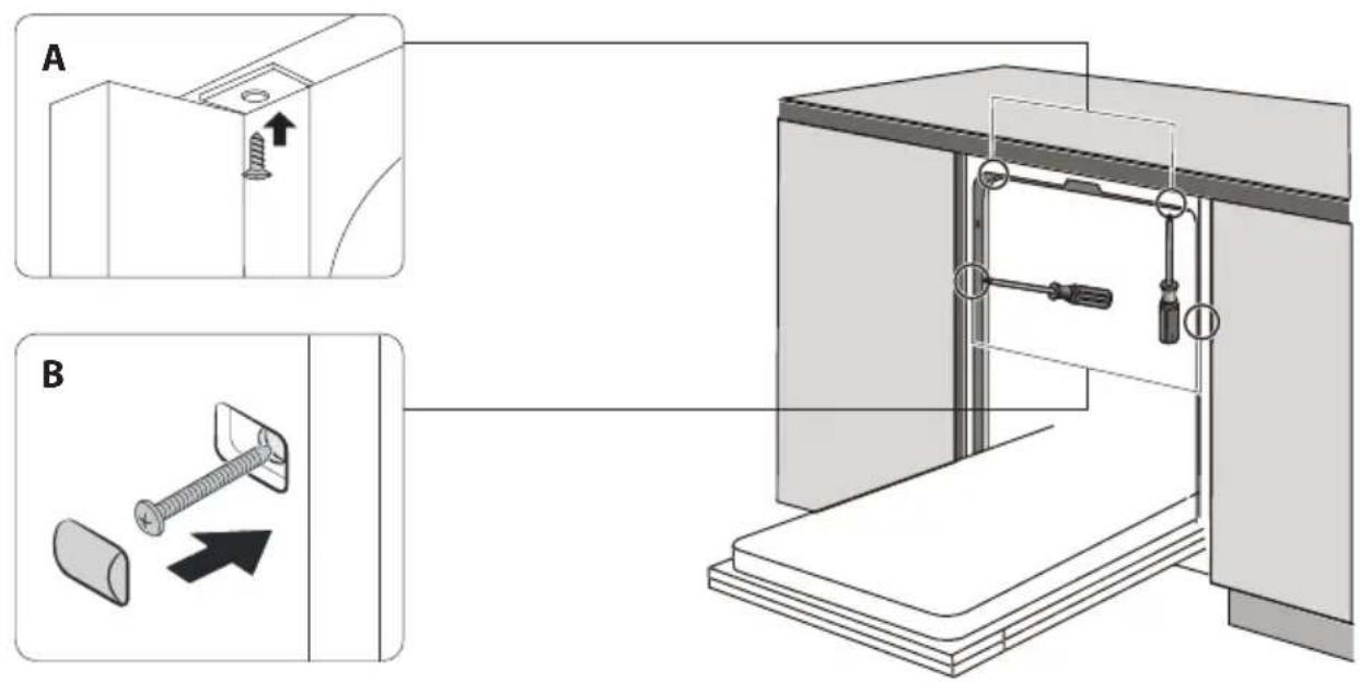 Technical diagram showing two views (A and B) of a mechanical assembly with screw fasteners and adjustment tools, likely illustrating a mounting or mounting process.