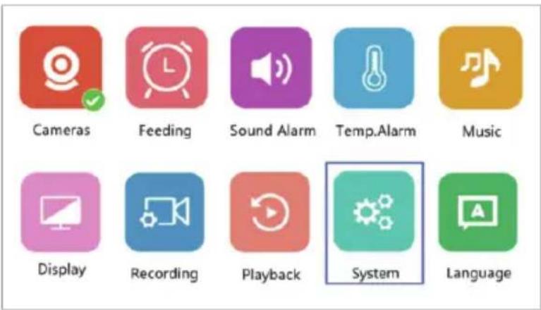 Cameras Feeding Sound Alarm Temp.Alarm Music Display Recording Playback System Language