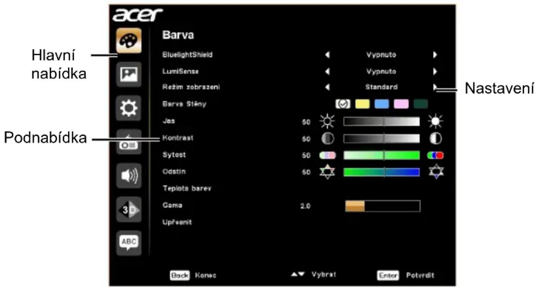acer Hlavní nabídka Podnabídka Barva BluelightShield LumiSense Režim zobrazeni Barva Stény Jes Kontrast Sytost Odstin Teplota barev Gama UpFenit Back Konec Vybrat Enter Potvrdit Vypnuto Vypnuto Standard Nastavení