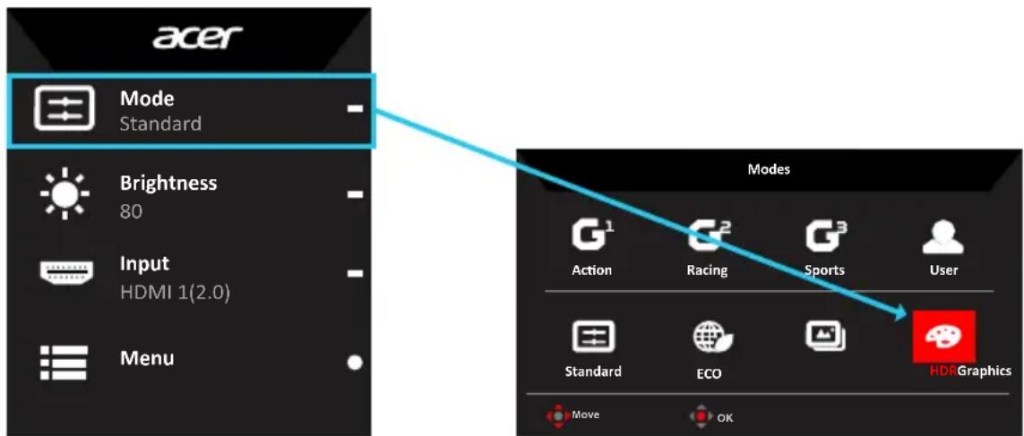 acer Mode Standard Brightness 80 Input HDMI 1(2.0) Menu Modes G¹ Action G² Racing G³ Sports User Standard ECO HDI Graphics Move OK