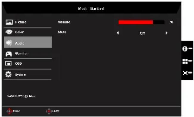 Mode - Standard Picture Volume 70 Color Mute Off Audio Gaming Q5D System Save Settings to... Move Enter