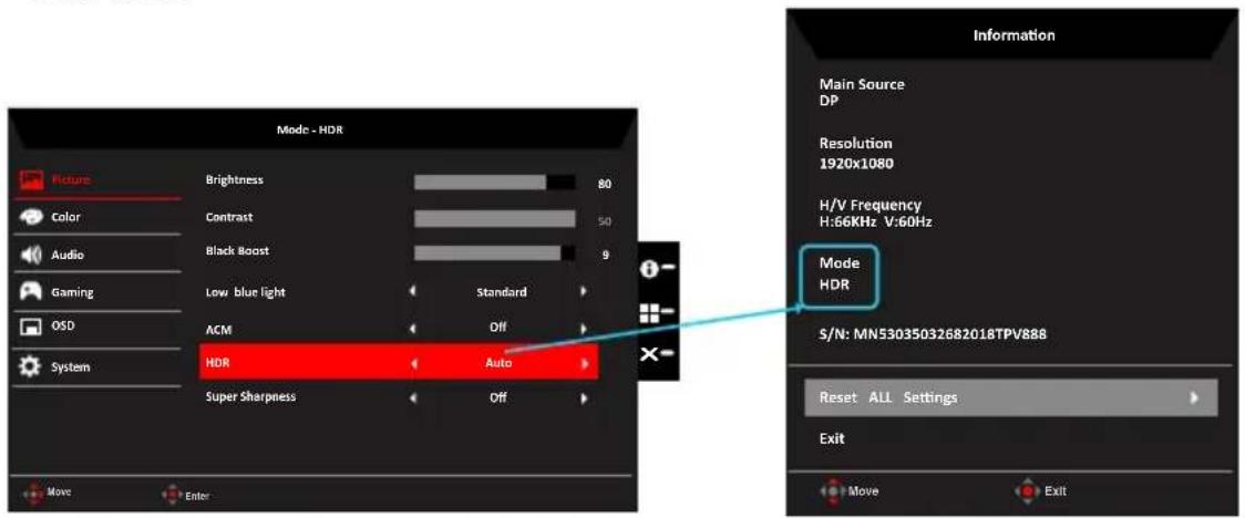 Mode - HDR Picture Brightness 80 Color Contrast 50 Audio Black Boost 9 Gaming Low blue light Standard ACM Off OSD HDR Auto System Super Sharpness Off Move Enter Information Main Source DP Resolution 1920x1080 H/V Frequency H:66KHz V:60Hz Mode HDR S/N: MN53035032682018TPV888 Reset ALL Settings Exit Move Exit