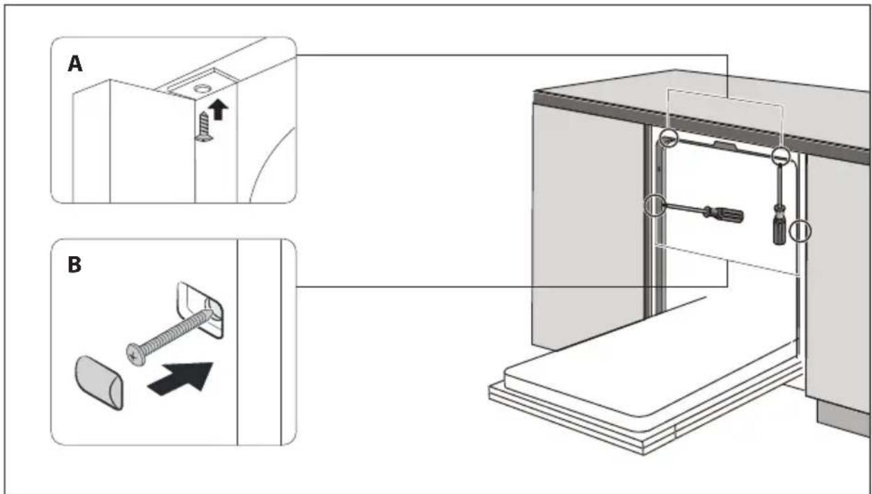 Technical diagram showing two mechanical assembly steps (A and B) with labeled components and directional arrows indicating movement.