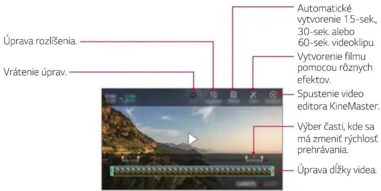 Automatické vytvorenie 15-sek., 30-sek. alebo 60-sek. videoklipu. Vytvorenie filmu pomocou rôznych efektov. Spustenie video editora KineMaster. Výber časti, kde sa má zmenit rýchlost prehrávania. Úprava dĺžky video.