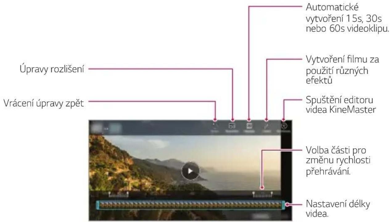 Automatické vytvoření 15s, 30s nebo 60s videoklipu. Vytvoření filmu za použití různých efektů Spuštění editoru video KineMaster Volba části pro změnu rychlosti přehrávání. Nastavení délky video.