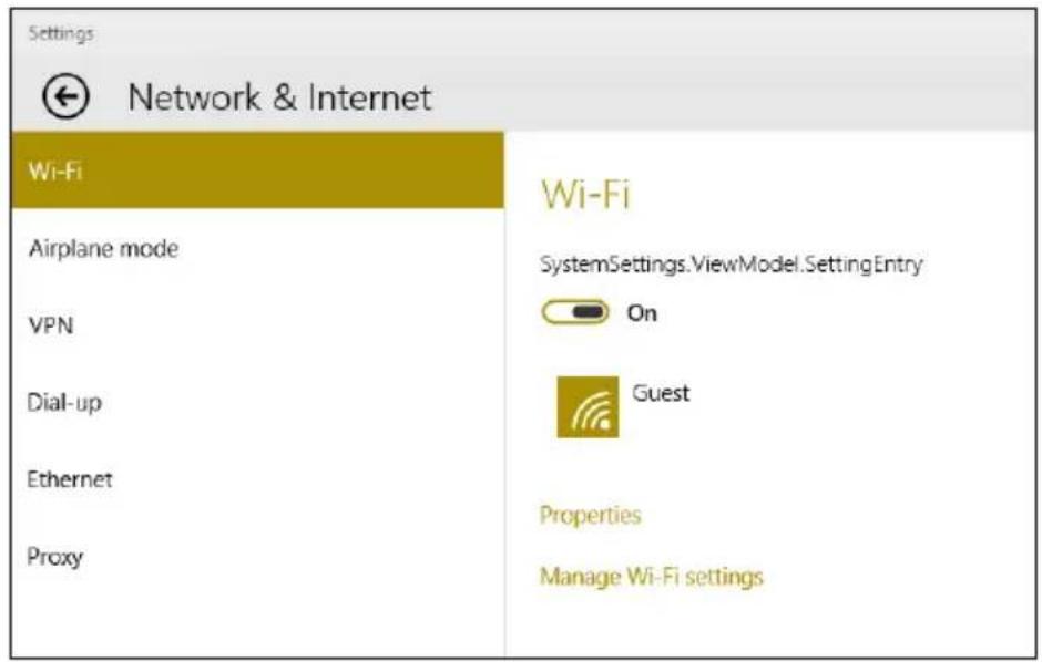 Settings ← Network & Internet Wi-Fi Airplane mode VPN Dial-up Ethernet Proxy Wi-Fi SystemSettings.ViewModel.SettingEntry On Guest Properties Manage Wi-Fi settings