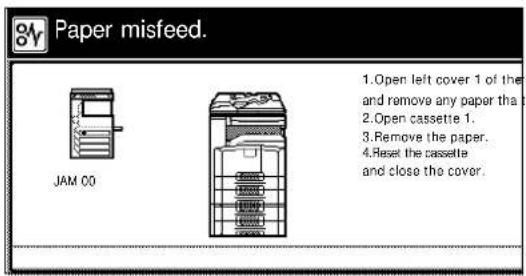 Paper misfeed. JAM 00 1. Open left cover 1 of the and remove any paper tha 2. Open cassette 1. 3. Remove the paper. 4. Reset the cassette and close the cover.