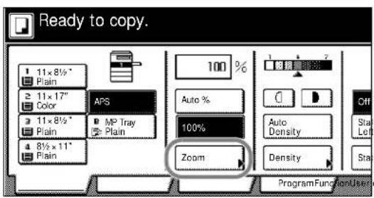 Ready to copy. 11×8½" Plain 2 11×17" Color 3 11×8½" Plain 4 8½×11" Plain APS MP Tray Plain 100% Auto % 100% Zoom ProgramFunctionUser/ Auto Density Density Off Start Left Start