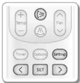 + Temp - ≥ 八 Fan ~ Timer Options Settings < SET >