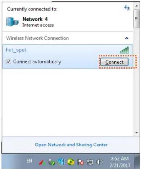 Tenda i21 - Step 12 Click the network icon in the lower-right corner of the desktop and choose the wireless network of the CPE such as hot\_spot in this example. - 1