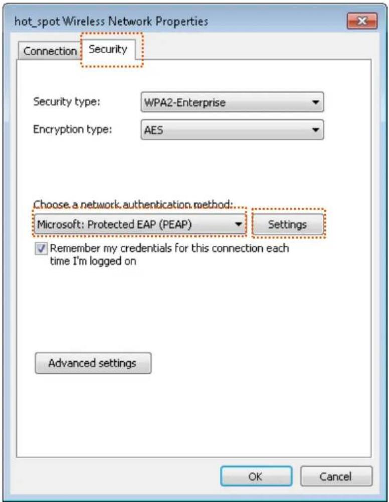 Tenda i21 - Step 6 Click the Security tab, select Microso: Protected EAP (PEAP), and click Setngs. - 1