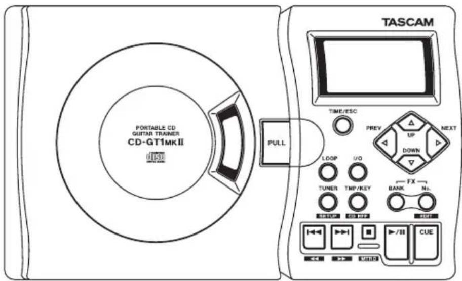 PORTABLE CD GUITAR TRAINER CD-GT1MKII TASCAM TIME/ESC PREY UP NEXT DOWN PULL LOOP I/O TUNER TMP/KEY FX BANK N2. RPTOR CD-POP HUT CUE