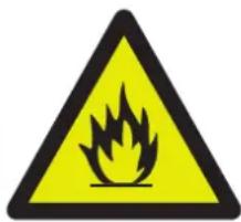 Warning sign depicting a flame symbol in yellow and black on white background