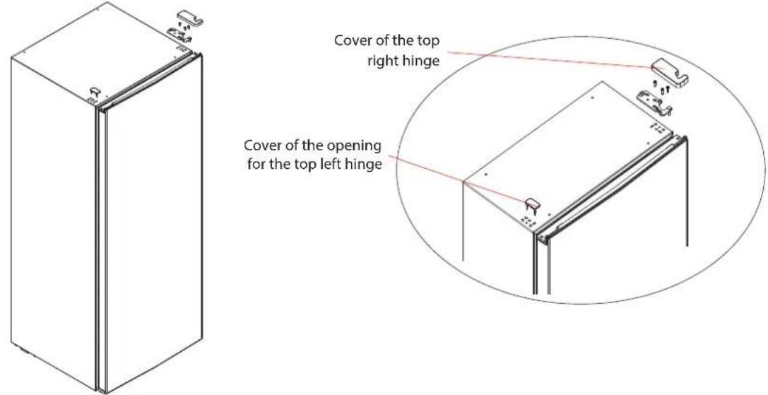 Cover of the top right hinge Cover of the opening for the top left hinge