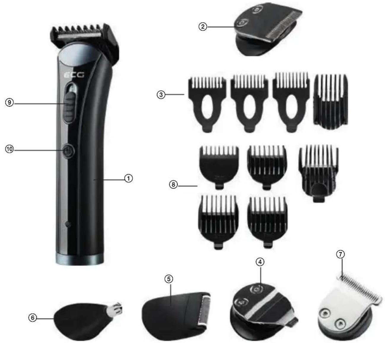 Product catalog image showing a ECG tool with 10 labeled parts including various hairbrushes and accessories.