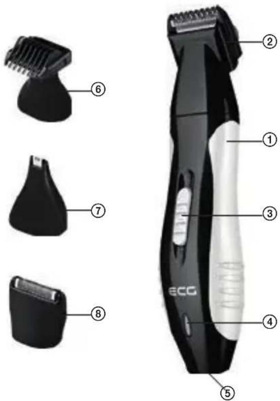 Diagram of a ECO brand hairbrush with labeled parts including comb, clip, and trigger mechanism