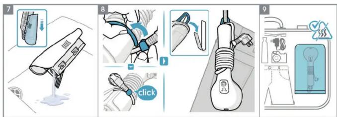 Illustrated guide showing steps to switch a light bulb device, with numbered instructions and action buttons.