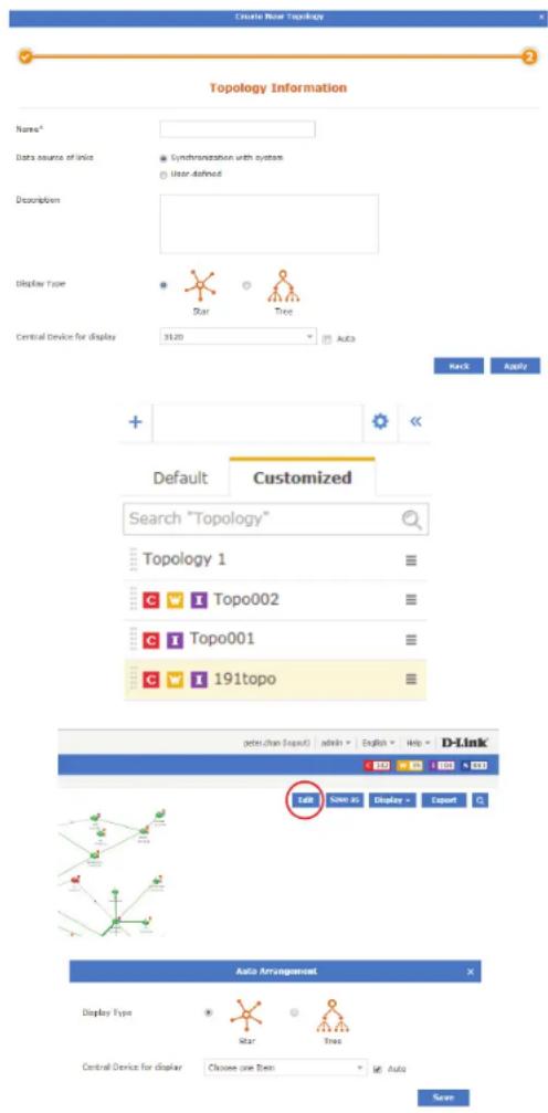 Create New Topology Topology Information Name: Data source of link Synchronization with system User-defined Description Display Type Star Tree Central Device for display 3120 AUTO Back Apply Default Customized Search "Topology" Topology 1 Topo002 Topo001 191topo Edit Save as Display Export Auto Arrangement Display Type Star Tree Central Device for display Choose one item Auto Save