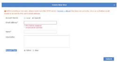 Create New User Before adding a new web, please make sure the HTTP server. Clients will have been sent correctly, but an additional email needs to be sent to this user's email address. Account Name: Local OpenCD Email Address: * This field is inserted * Should what accounts Name: Description: Server Address: Admin User Browse