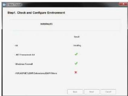Step1. Check and Configure Environment Installing 85 Install Install SET Framework 4.0 ✓ Windows Form#t ✓ ASP/ASP.NET/SAPI Detections/SAPI/Files ✗ Back Next Cancel