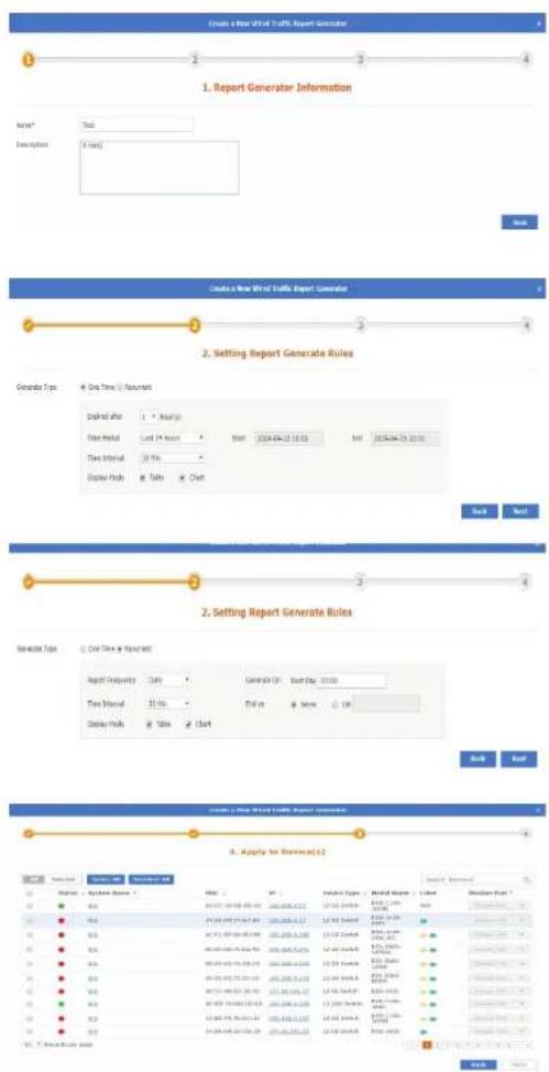 1. Report Generator Information Name: Test Description: A type 2. Setting Report Generate Rules Generate Type: One Time Is Restaurant Dashed after 1 = Monthly Time Initial Last 24 hours Start 2024-04-23 10:00 End 2024-04-23 10:00 Time Interval 30 hrs. Display Pads Table Chart 3. Setting Report Generate Rules Generate Type: One Time Is Restaurant Report Projectivity Daily Generate On Start Day 2024 Time Interval 15 hrs. Update Show Use Display Pads Value Chart 4. Apply to Devices(1) 8. Apply to Devices(2)