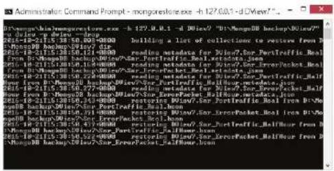 Administrator Command Prompt - mongrostore.exe - h127.0.0.1 -d:\View\? B:\Mongo\bin\mongrostore.exe -h-127.0.0.1 -d:\View? B:\Mongo\Backup\Windows\win\win by dulev -p dulev -dug 16-12-115 38:50_58:00-3800 16-12-115 38:50_58:00-3800 Building a list of collections to restore from D 16-12-115 38:50_58:124-3800 reading metadata for Windows\Snr_PortTraffic_Real 16-12-115 38:50_58:124-3800 reading metadata for Windows\Snr_ErrorPacket Heal from D:\Mongo\Backup\Windows\win\win\Snr_ErrorPacket Heal setatada.jun 16-12-115 38:50_58:124-3800 reading metadata for Windows\Snr_PortTraffic_Halfour from D:\Mongo\Backup\Windows\win\win\Snr_PortTraffic_Halfour setatada.jun 16-12-115 38:50_58:124-3800 reading metadata for Windows\Snr_ErrorPacket_Halfour from D:\Mongo\Backup\Windows\win\win\Snr_PortTraffic_Halfour setatada.jun 16-12-115 38:50_58:124-3800 reporting Windows\Snr_PortTraffic_Halfour from D:\Windows\Backup\Windows\win\Snr_ErrorPacket_Halfour from D:\Mongo\Backup\Windows\win\Snr_ErrorPacket_Halfour from D:\Windows\Backup\Windows\win\Snr_ErrorPacket_Halfour from D:\Mongo\Backup\Windows\win\Snr_ErrorPacket_Halfour from D:\Mongo\Backup\Windows\win\Snr_ErrorPacket_Halfour from D:\Mongo\Backup\Windows\win\Snr_ErrorPacket_Halfour from D:\Mongo\Backup\Windows\win\Snr_ErrorPacket_Halfour from D:\Mongo\Backup\Windows\win\Snr_ErrorPacket_Halfour from D:\Mongo\Backup\Windows\win\Snr_ErrorPacket_Halfour from 16-12-115 38:50_58:224-3800 reporting Windows\Snr_ErrorPacket_Halfour from D:\Mongo\Backup\Windows\win\Snr_ErrorPacket_Halfour from D:\Mongo\Backup\Windows\win\Snr_ErrorPacket_Halfour from D:\Mongo\Backup\Windows\win\Snr_ErrorPacket_Halfour from D:\Mongo\Backup\Windows\win\Snr_ErrorPacket_Halfour from D:\Mongo\Backup\Windows\win\Snr_ErrorPacket_Halfour from D:\Mongo\Backup\Windows Hnf