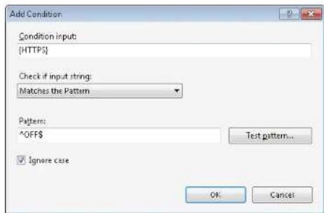 Add Condition Condition input: [HTTPS] Check if input string: Matches the Pattern Pattern: ^OFF$ Test pattern... Ignore case OK Cancel