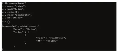 ].createUser( ... user:"dvieu", ... pod:"dvieu", ... rules:I( ... role:"readWrite", ... db:"DO ieu?"" ... ) ] ... >> Successfully added user: ( "user": "dvieu", "rules": 1 ( "role": "readWrite", "db": "Diseu?" ) 1