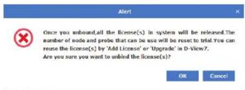 Once you unbound, all the license(s) in system will be released. The number of node and probe that can be used will be reset to trial. You can reuse the license(s) by 'Add License' or 'Upgrade' in D-View7. Are you sure you want to blind the license(s)? OK Cancel