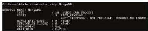 C:\Users\Administrator\stop MengeBB SERVICE_NAME: MengeBB TYPE: 18 WINGS ON PROCES SCALE: 3 STOP_PENDING (WINS EXIT_CODE: 0 (x802) PRODUCEExit_CODE: 0 (x802) CHECKPOINT: 0x2 WAIT_COUNT: 0x2518