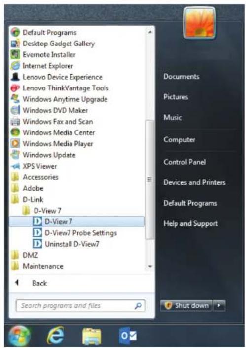 Default Programs Desktop Gadget Gallery Evernote Installer Internet Explorer Lenovo Device Experience Lenovo ThinkVantage Tools Windows Anytime Upgrade Windows DVD Maker Windows Fax and Scan Windows Media Center Windows Media Player Windows Update XPS Viewer Accessories Adobe D-Link D-View 7 D-View 7 D-View7 Probe Settings Uninstall D-View7 DMZ Maintenance Back Search programs and files Documents Pictures Music Computer Control Panel Devices and Printers Default Programs Help and Support Shut down