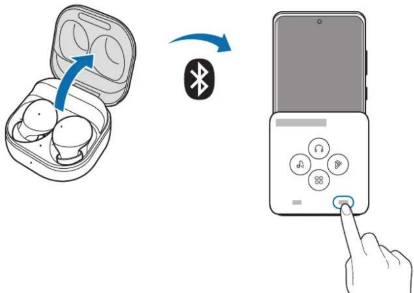 Diagram illustrating wireless earbuds and a smartphone app interface with Bluetooth signal transformation